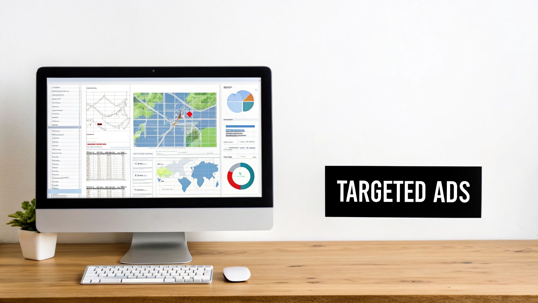 A desktop computer displays data, maps, and charts for targeted ads on a wooden desk.
