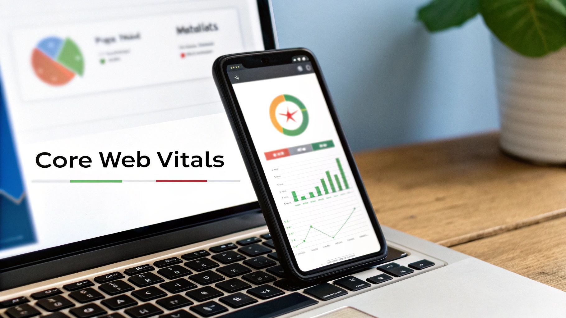 Laptop and smartphone showing Core Web Vitals and performance graphs for SEO analysis.