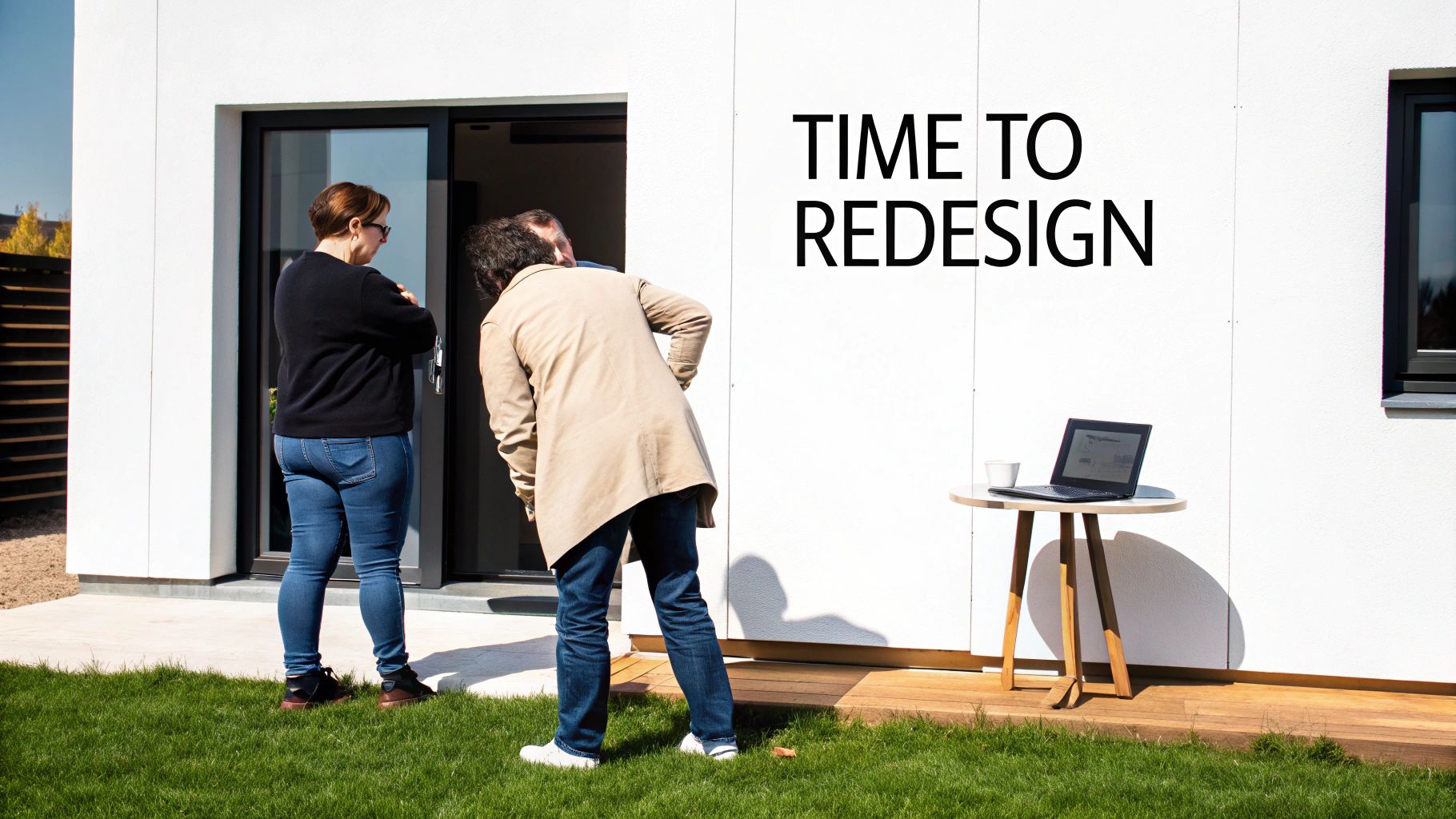 Three people discussing design ideas outside a modern white house with a laptop on a table.
