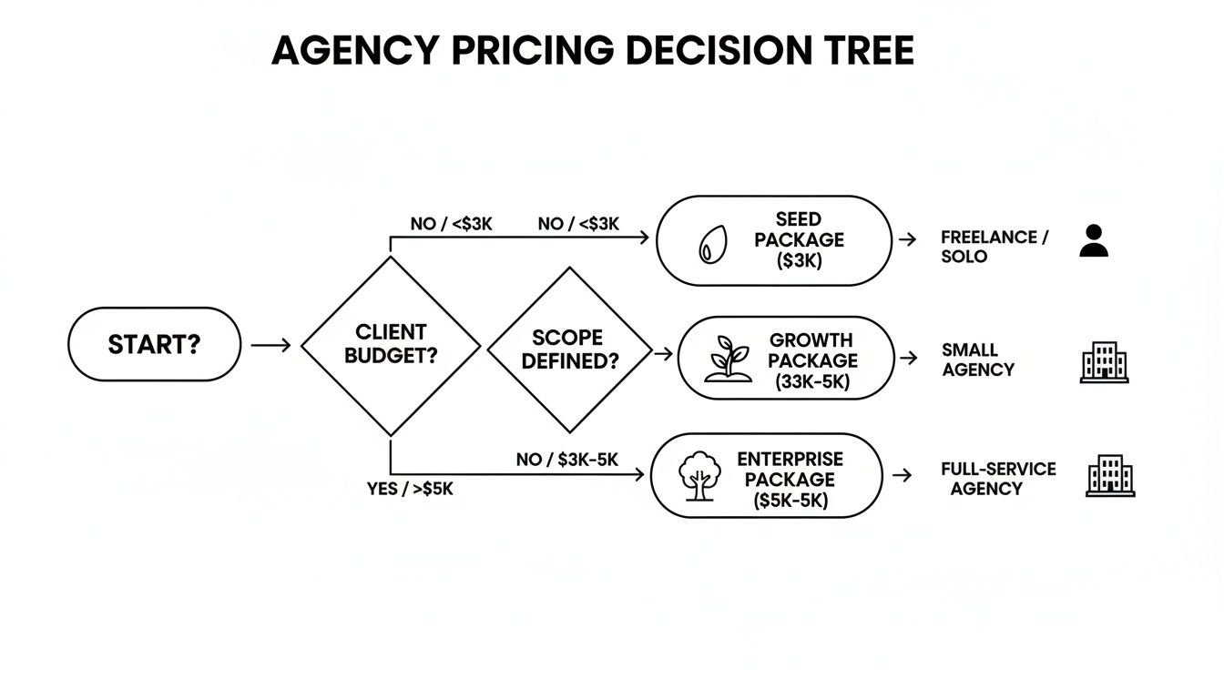 A decision tree illustrating agency pricing packages based on client budget and project scope.