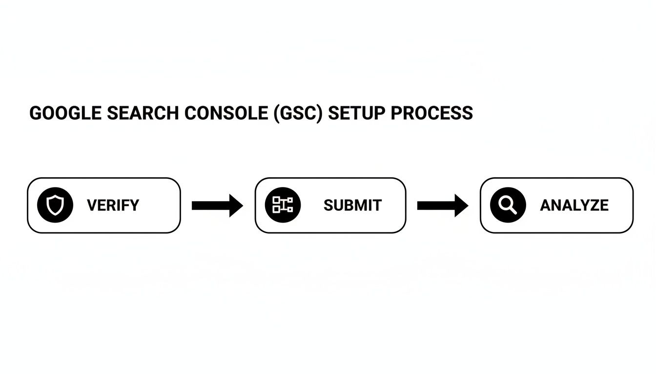 Flowchart illustrating the Google Search Console setup process: verify, submit, and analyze.