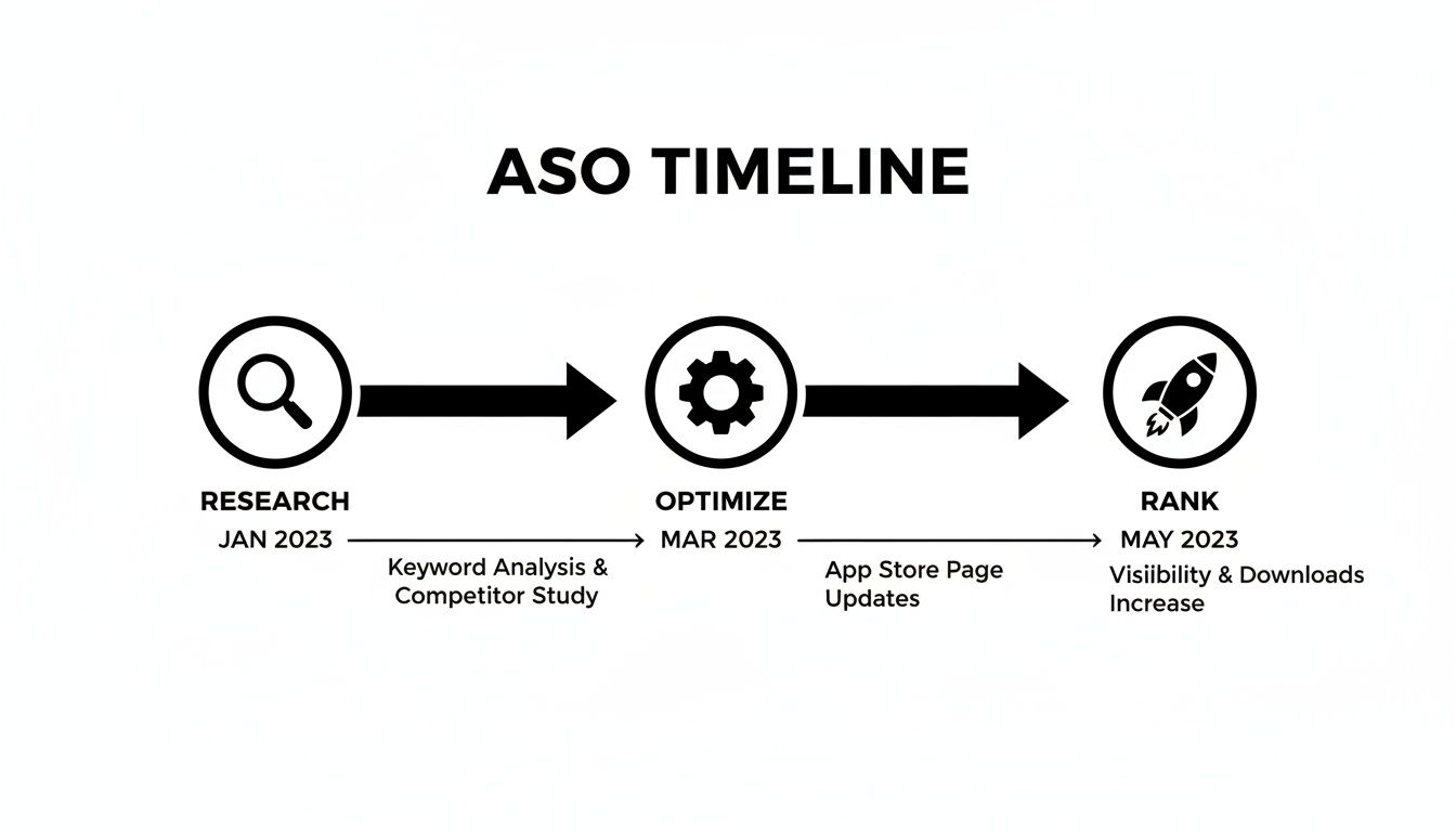 ASO timeline showing research, optimization, and ranking stages with dates and key activities.