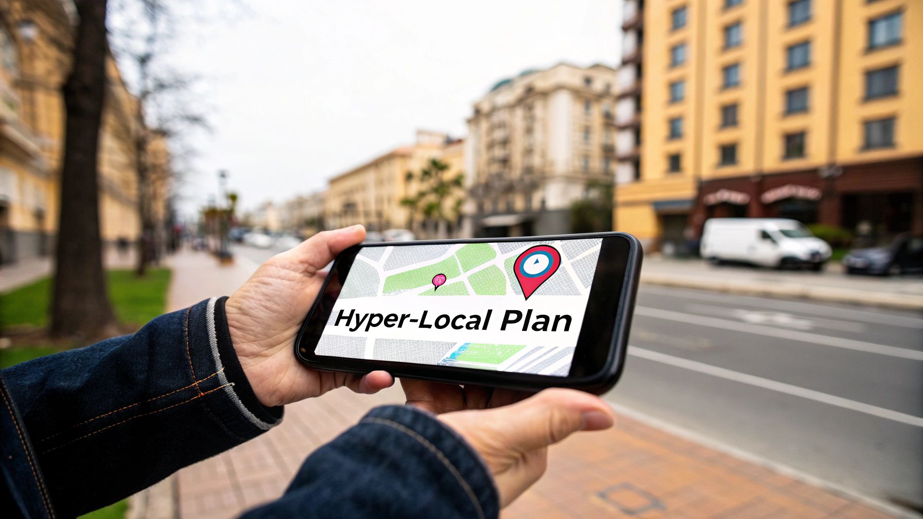 Map pins dropping on a city neighborhood, representing a hyper-local marketing plan