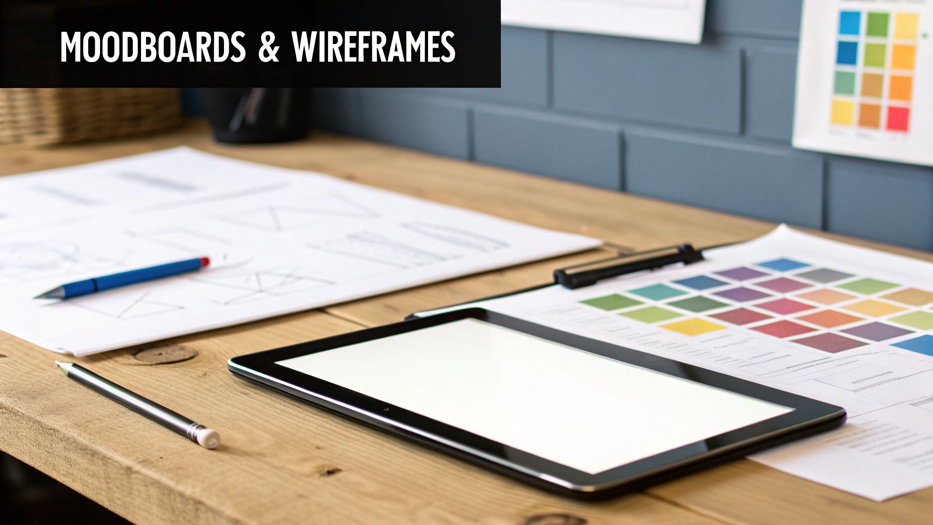 A design workspace featuring mood boards, wireframes, a tablet, pencils, and color swatches on a wooden desk.