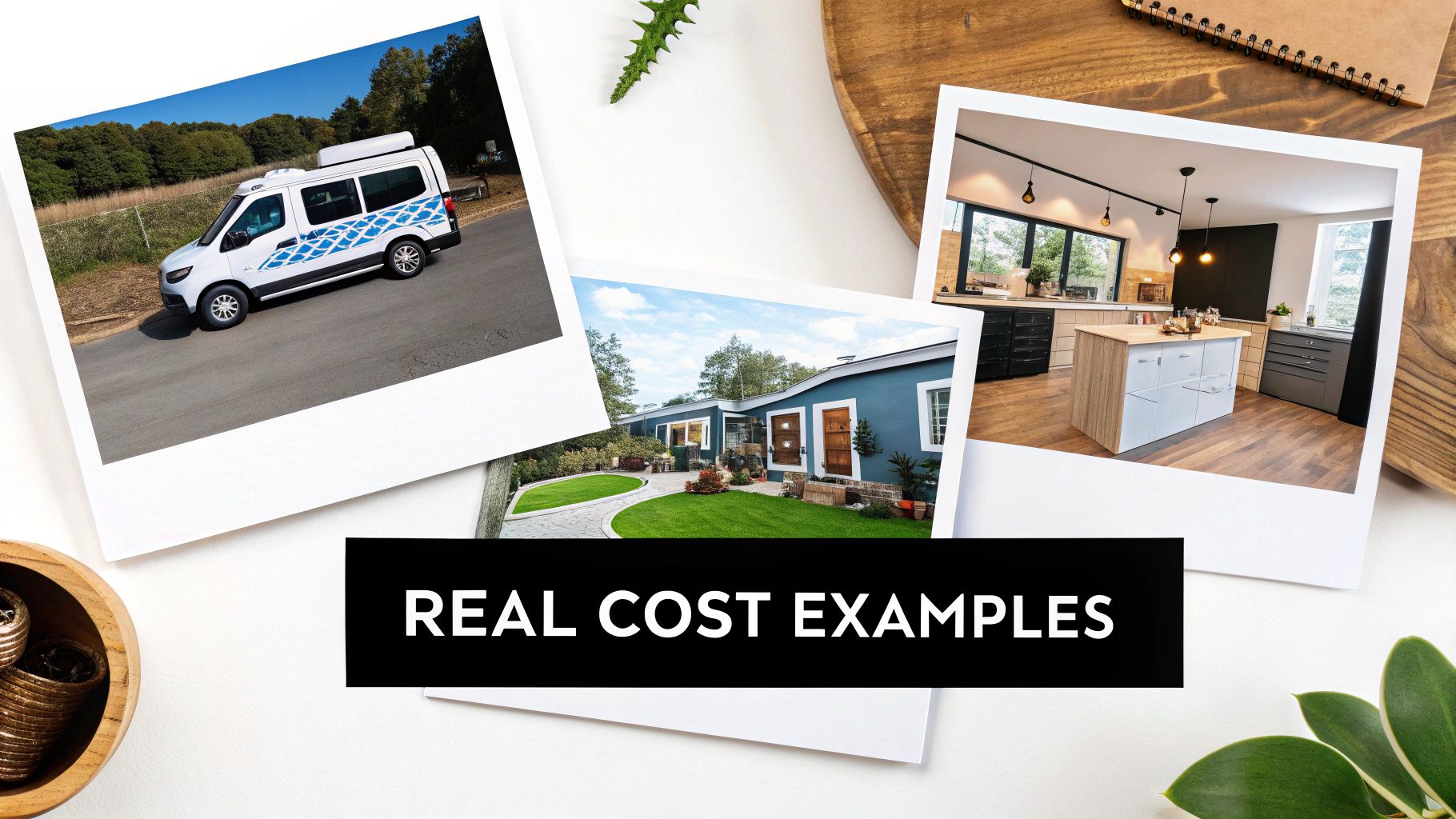 Three photos displaying a camper van, a blue house, and a modern kitchen, with 'REAL COST EXAMPLES' text.
