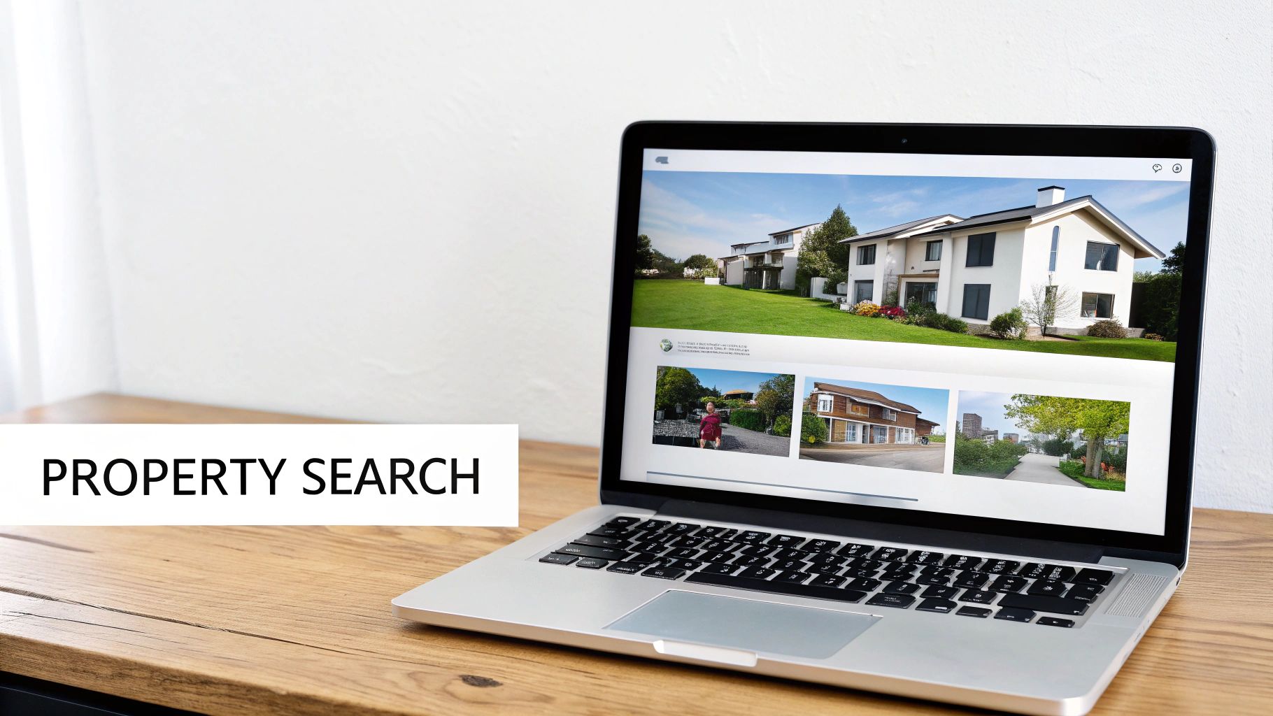 A laptop on a wooden desk displays a real estate website with house listings and a 'PROPERTY SEARCH' banner.