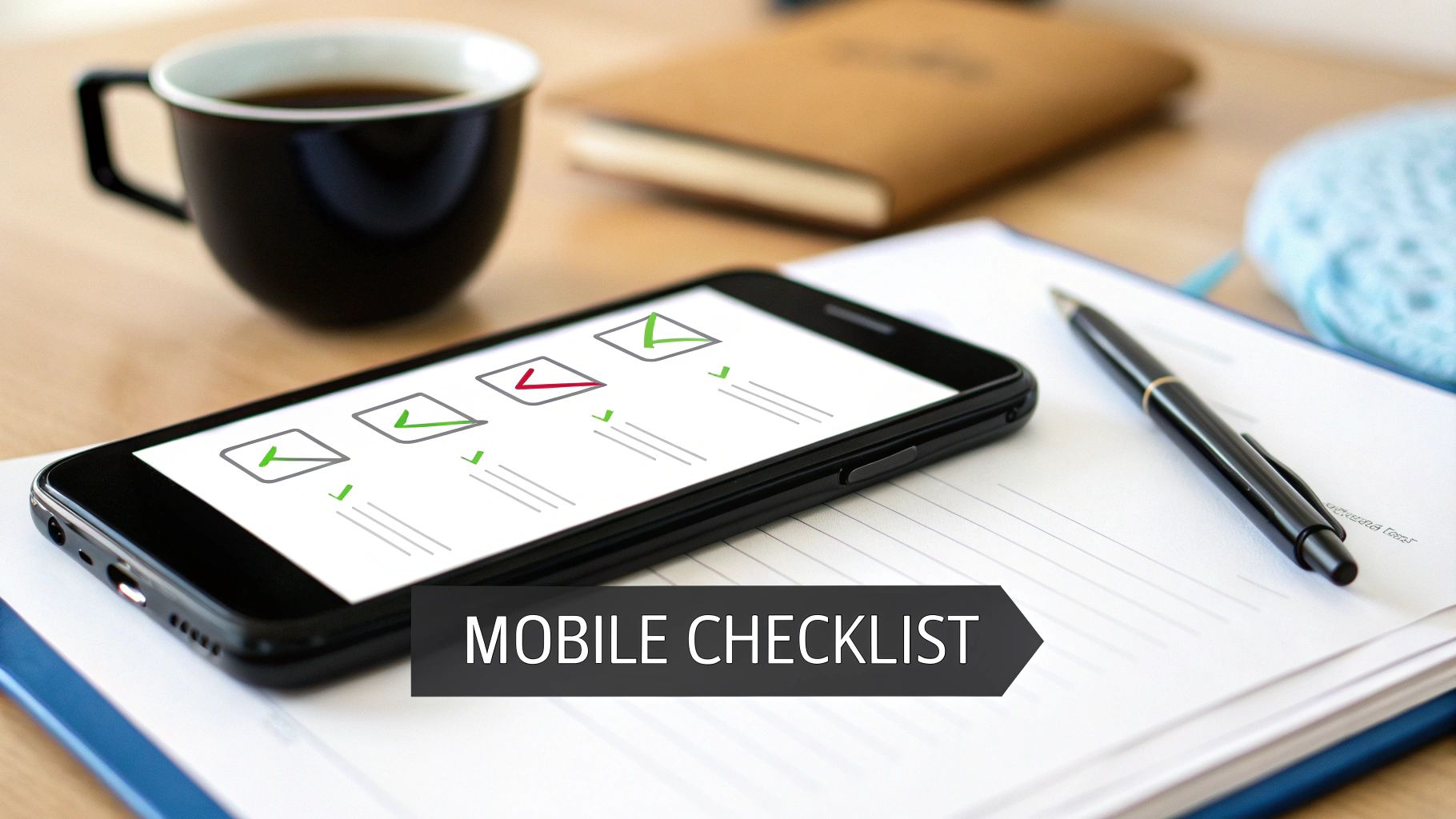 A smartphone displays a mobile checklist with green checkmarks and a red cross, beside coffee and a pen.
