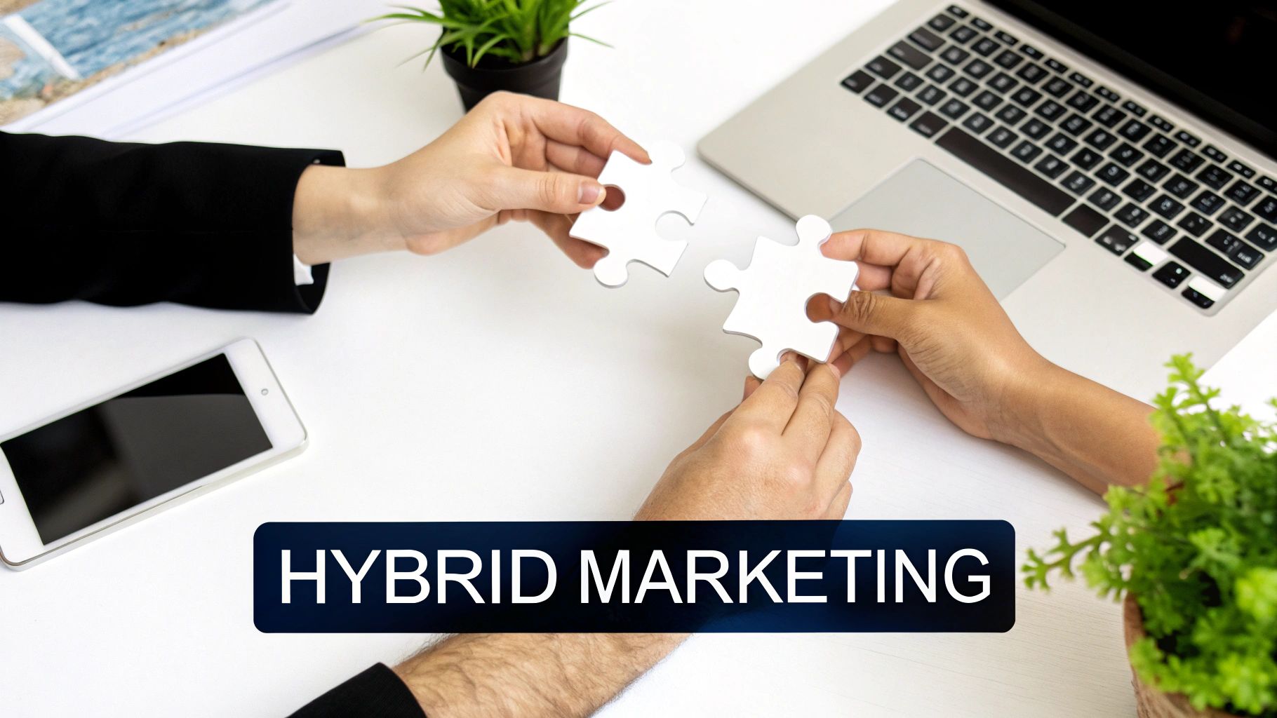 Two hands connect two white puzzle pieces on a desk with a laptop, smartphone, and plants, illustrating hybrid marketing.
