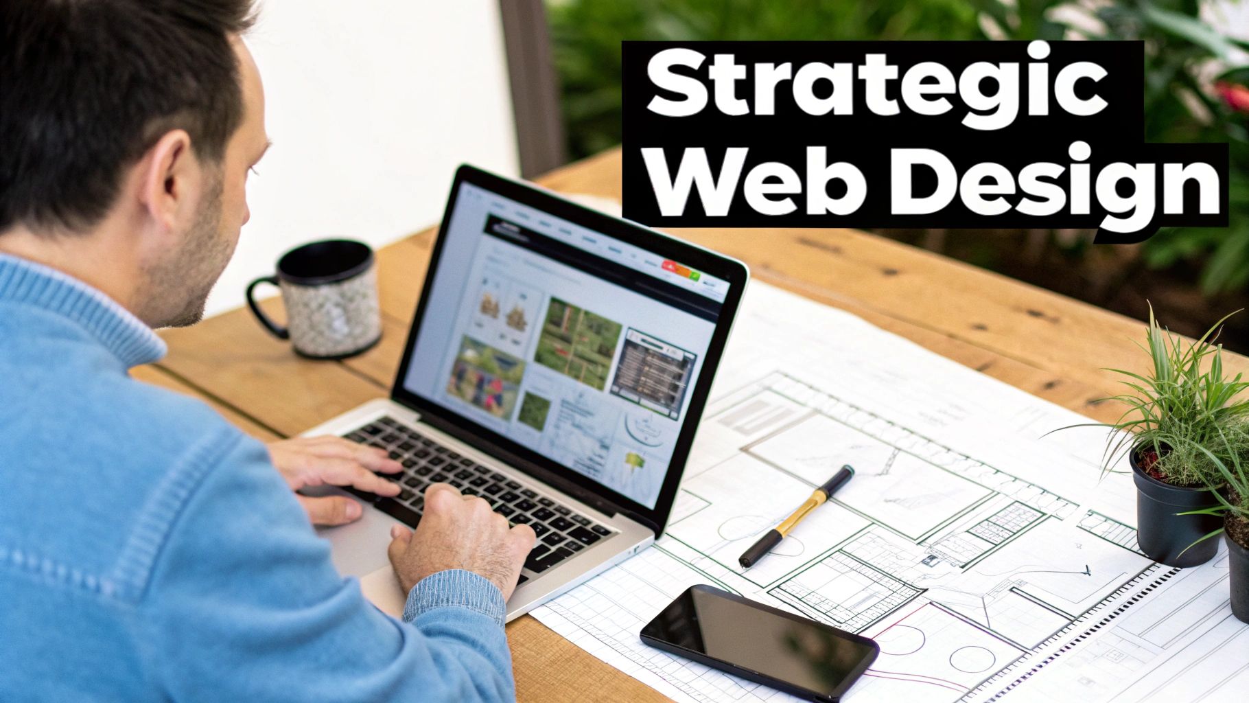 A man focused on his laptop, actively engaged in strategic web design with blueprints and a phone on the desk.