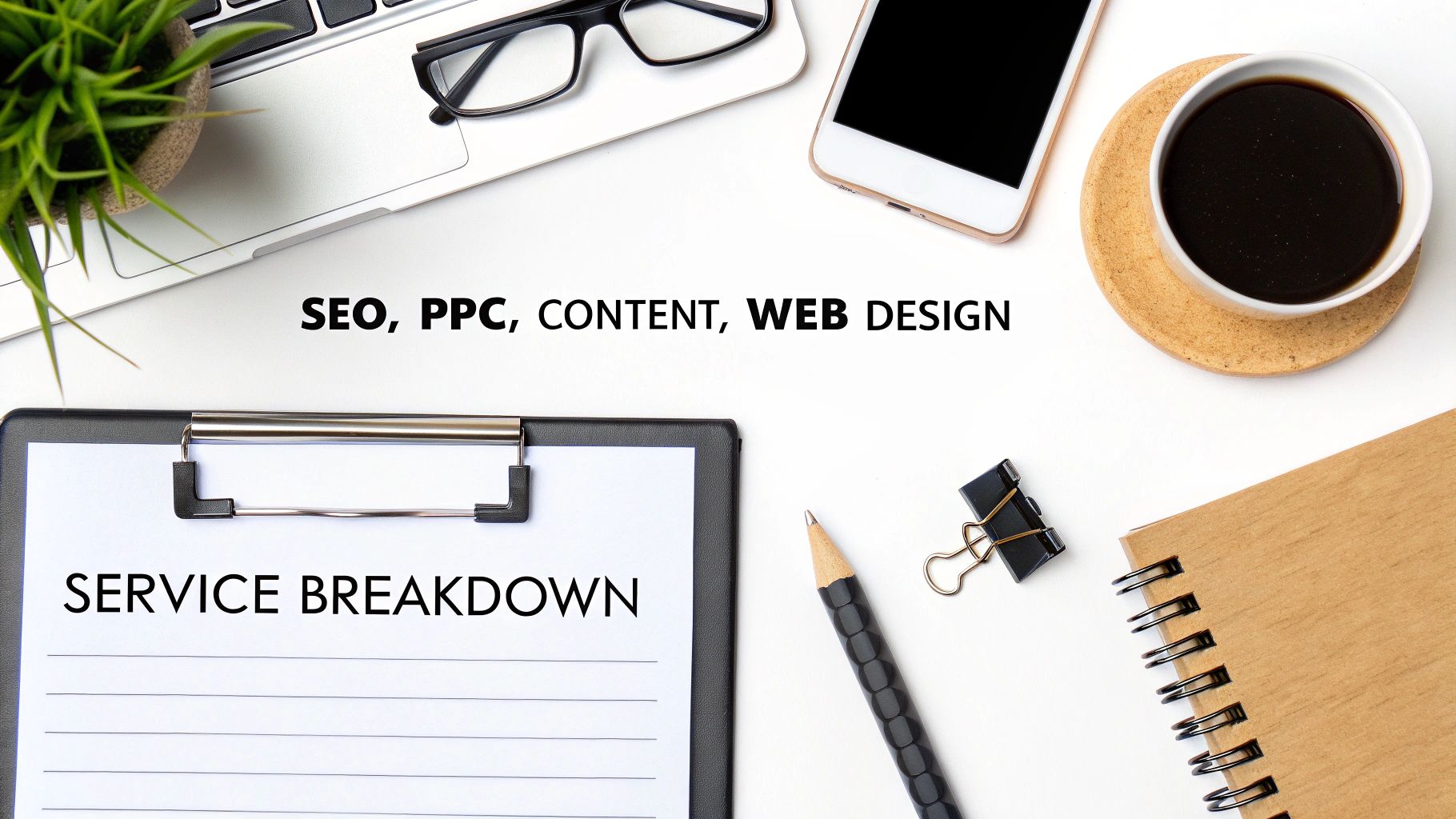 Flat lay of a desk with digital marketing services listed: SEO, PPC, CONTENT, WEB DESIGN, and a service breakdown document.
