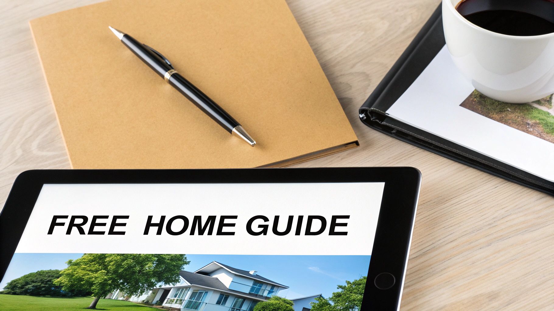 A tablet displays 'FREE HOME GUIDE' with a house image, next to a notebook, pen, and coffee.