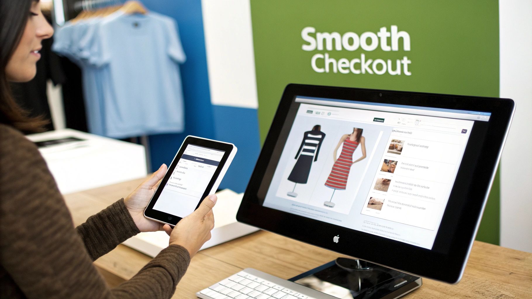 A person uses a tablet and a desktop computer for online shopping, with 'Smooth Checkout' visible in the background.