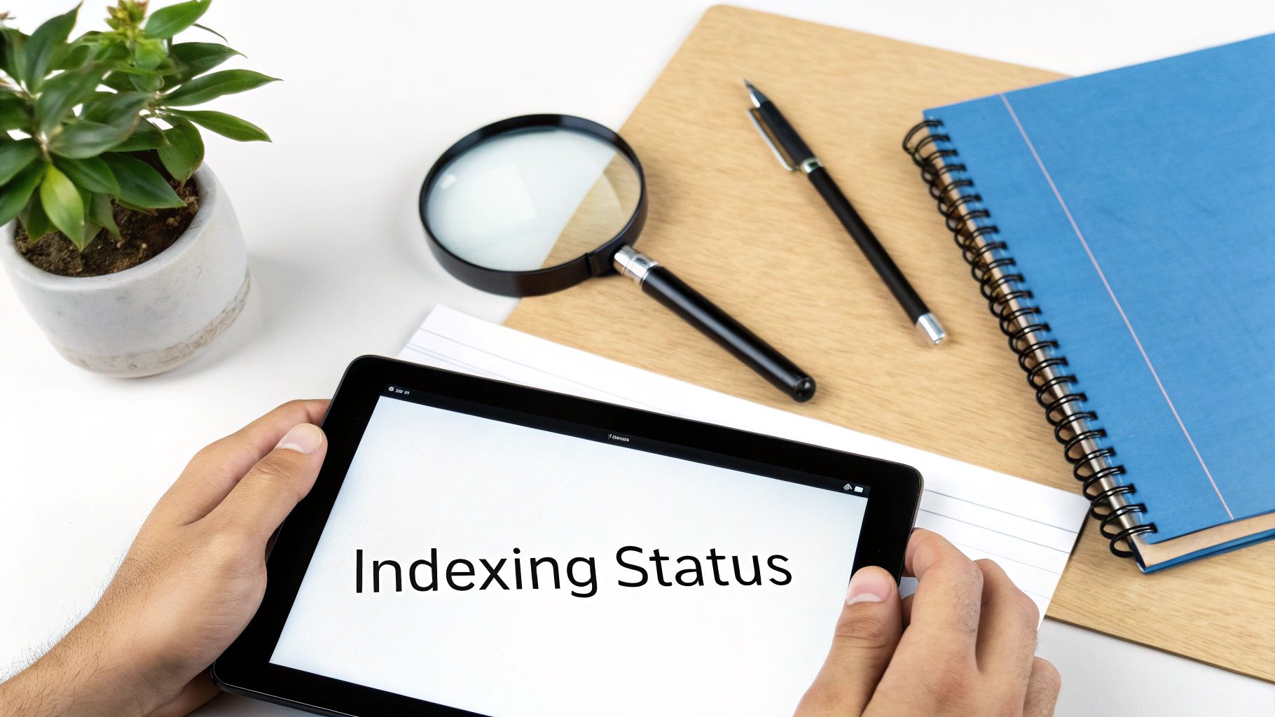 Person holding a tablet displaying 'Indexing Status' on a desk with a magnifying glass and notebook.