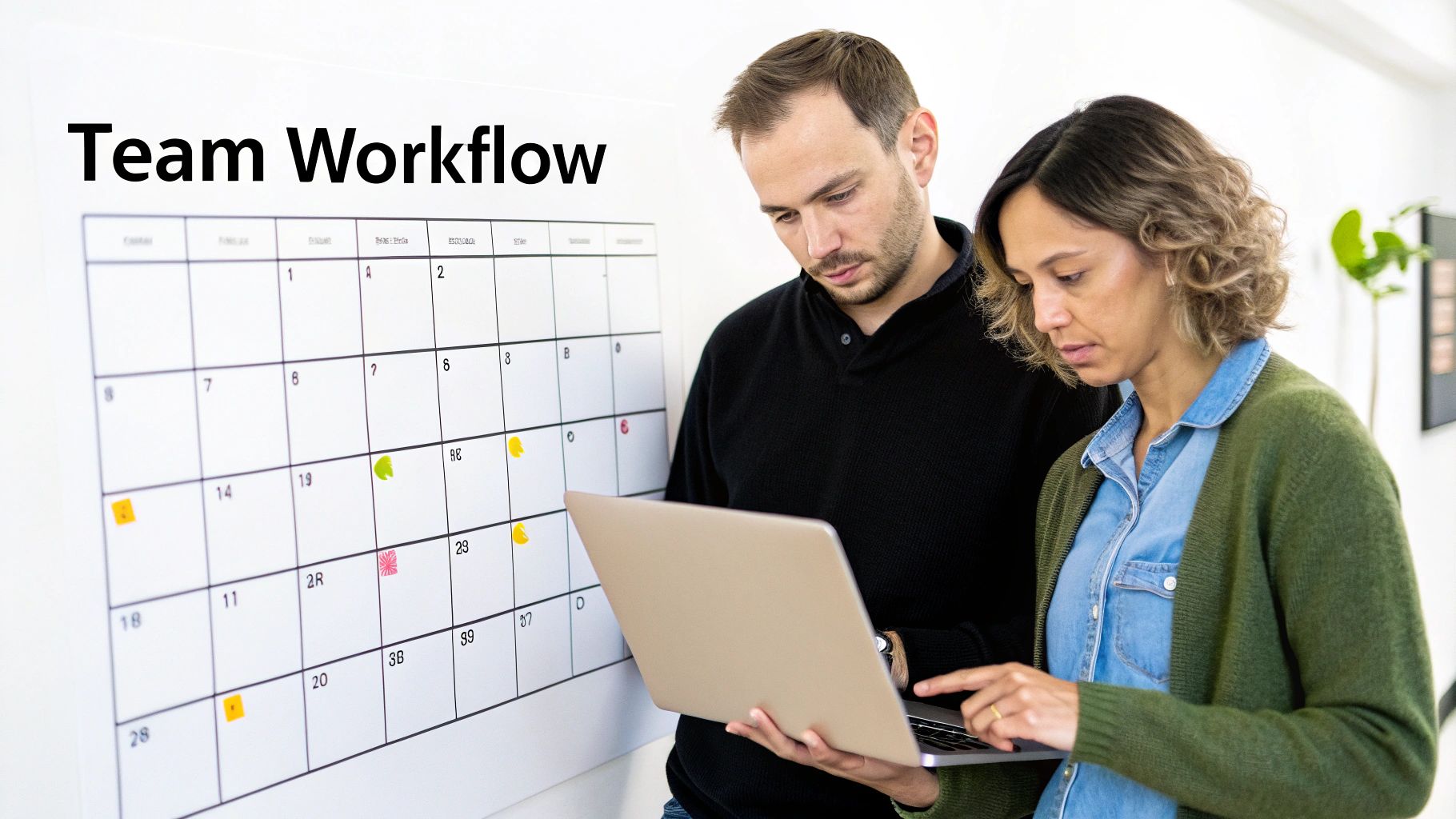 A diverse team collaborates around a large screen displaying a colorful content calendar, pointing and discussing ideas.