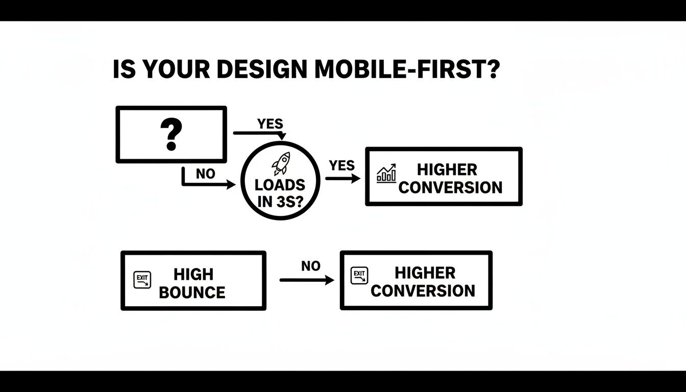 Flowchart illustrating mobile-first design impact: fast loading leads to higher conversion, slow loading to high bounce.