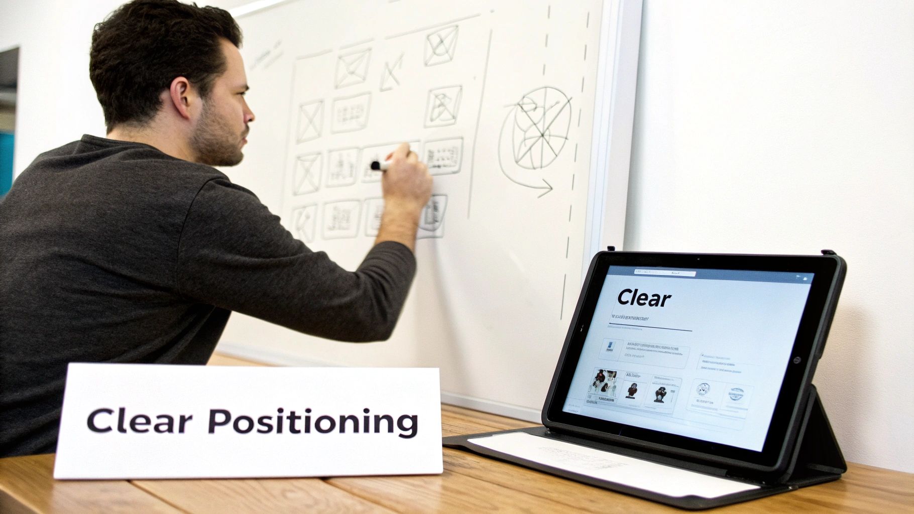 Man sketching ideas on a whiteboard, with a tablet displaying 'Clear' and a 'Clear Positioning' sign.
