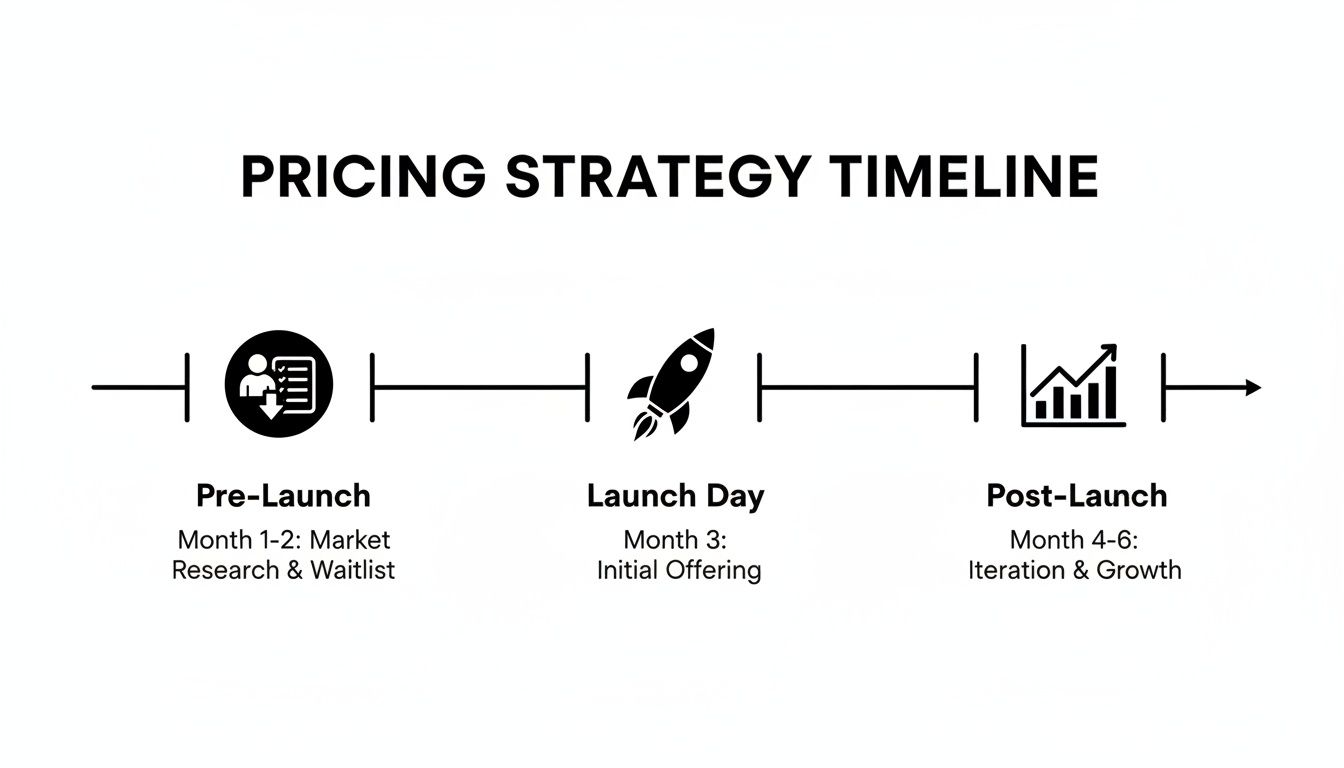 Timeline illustrating pricing strategy stages: Pre-Launch, Launch Day, and Post-Launch with details.