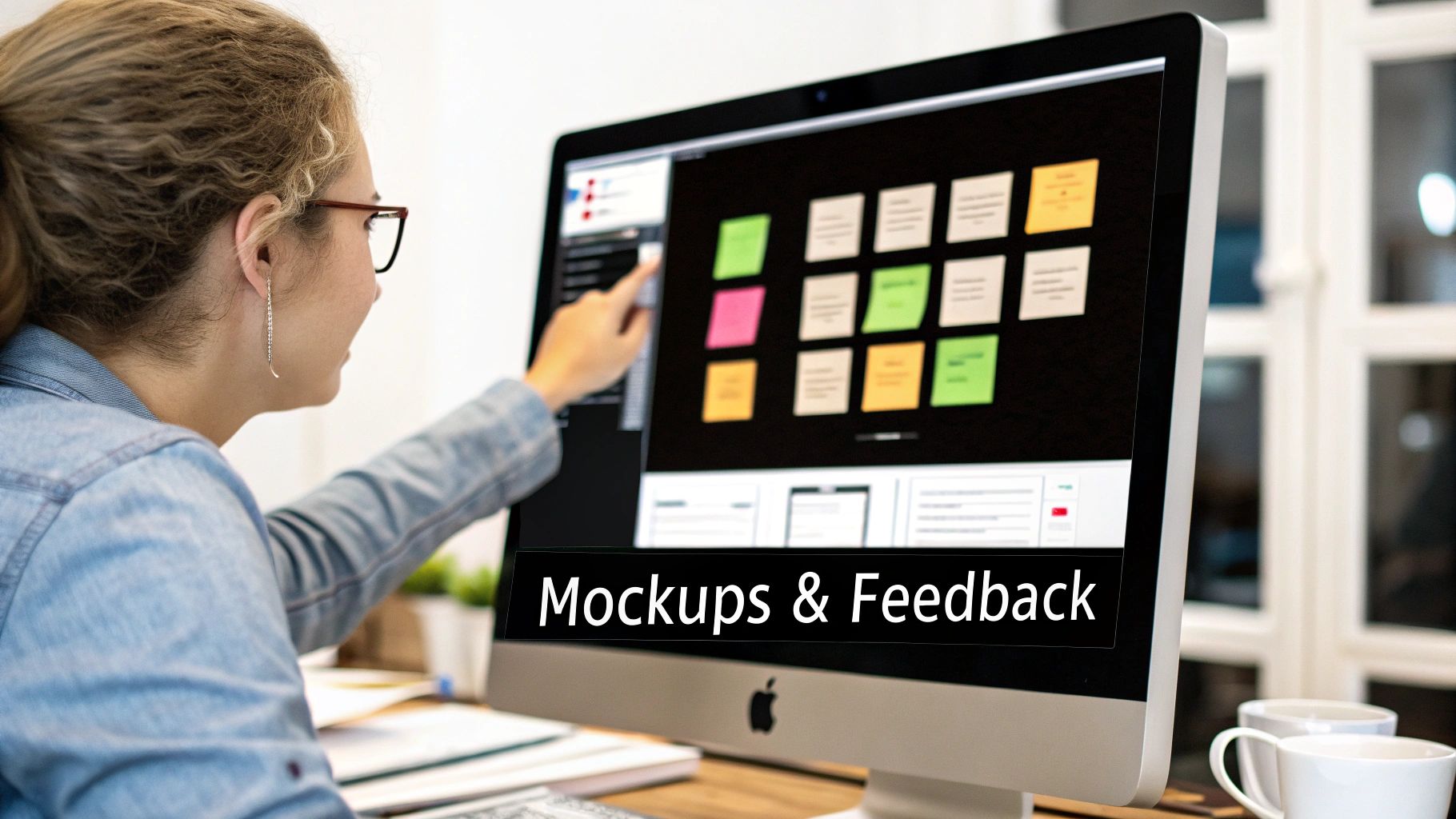 A woman points at an iMac screen displaying mockups and feedback notes, emphasizing the design process.