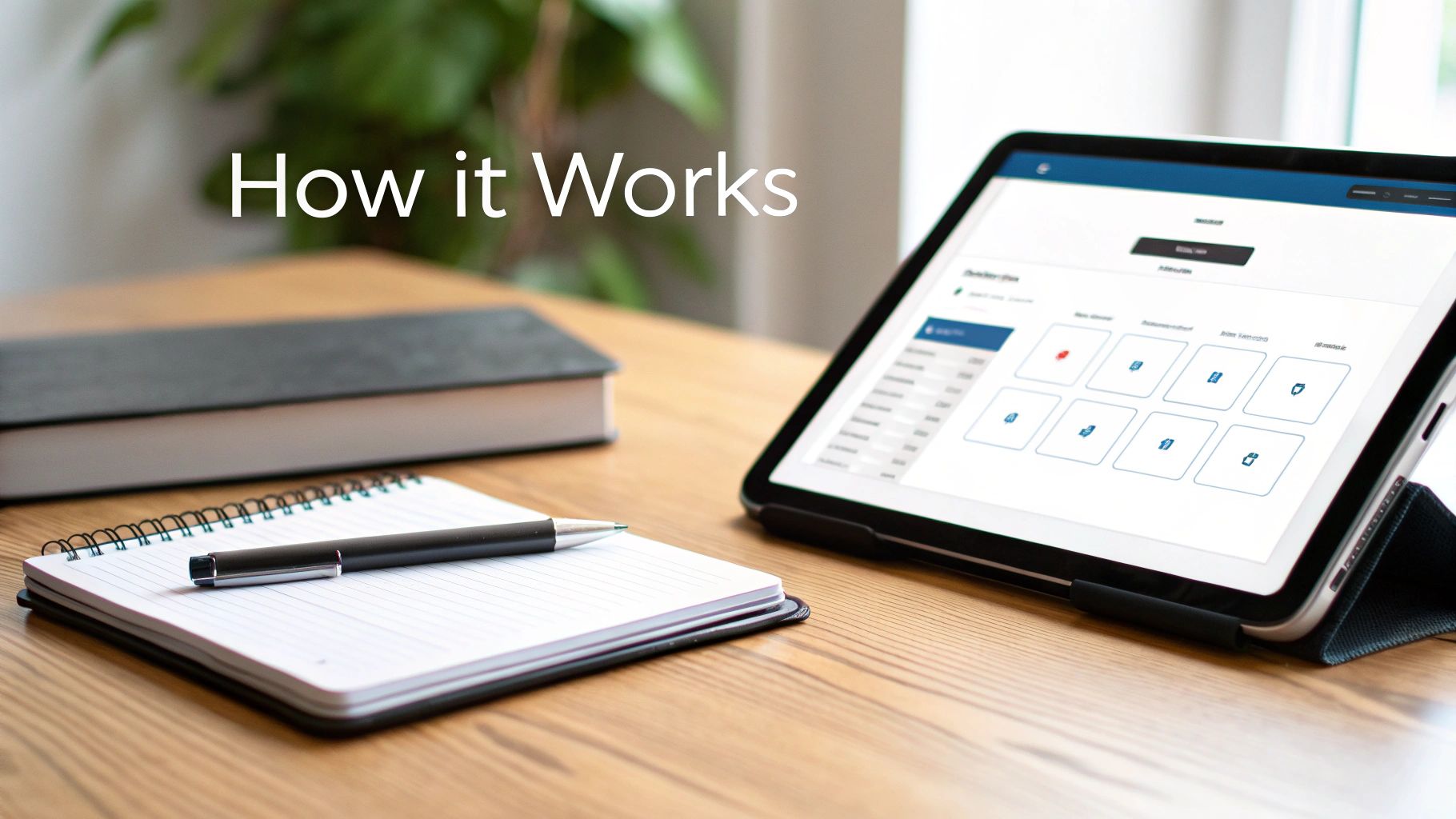 Tablet displaying a 'How it Works' screen, next to a notebook, pen, and book on a wooden desk.