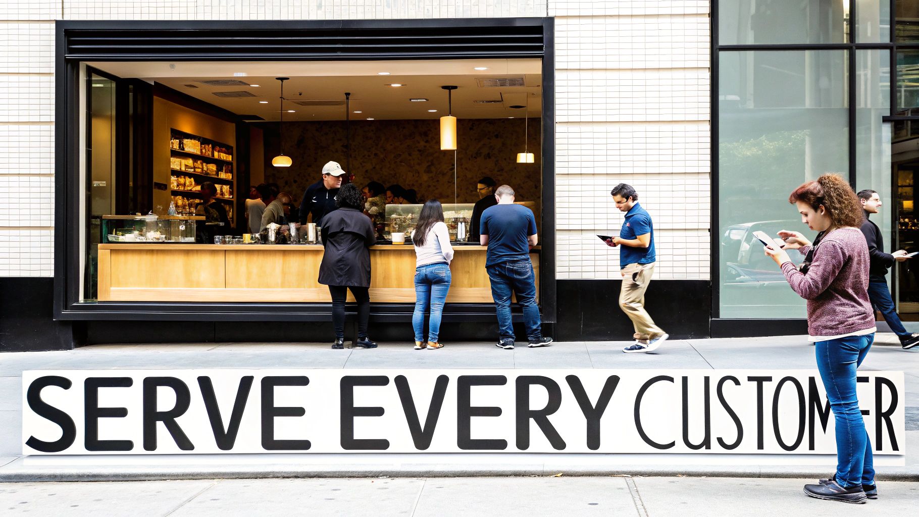 People inside and outside a modern cafe, with a prominent sign on the sidewalk stating 'SERVE EVERY CUSTOMER'.