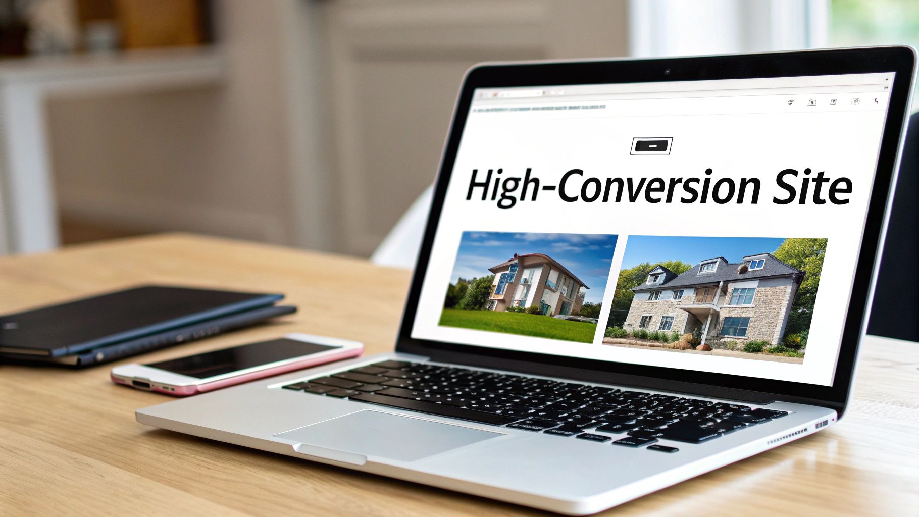 A laptop on a wooden desk displaying a 'High-Conversion Site' with two house images.