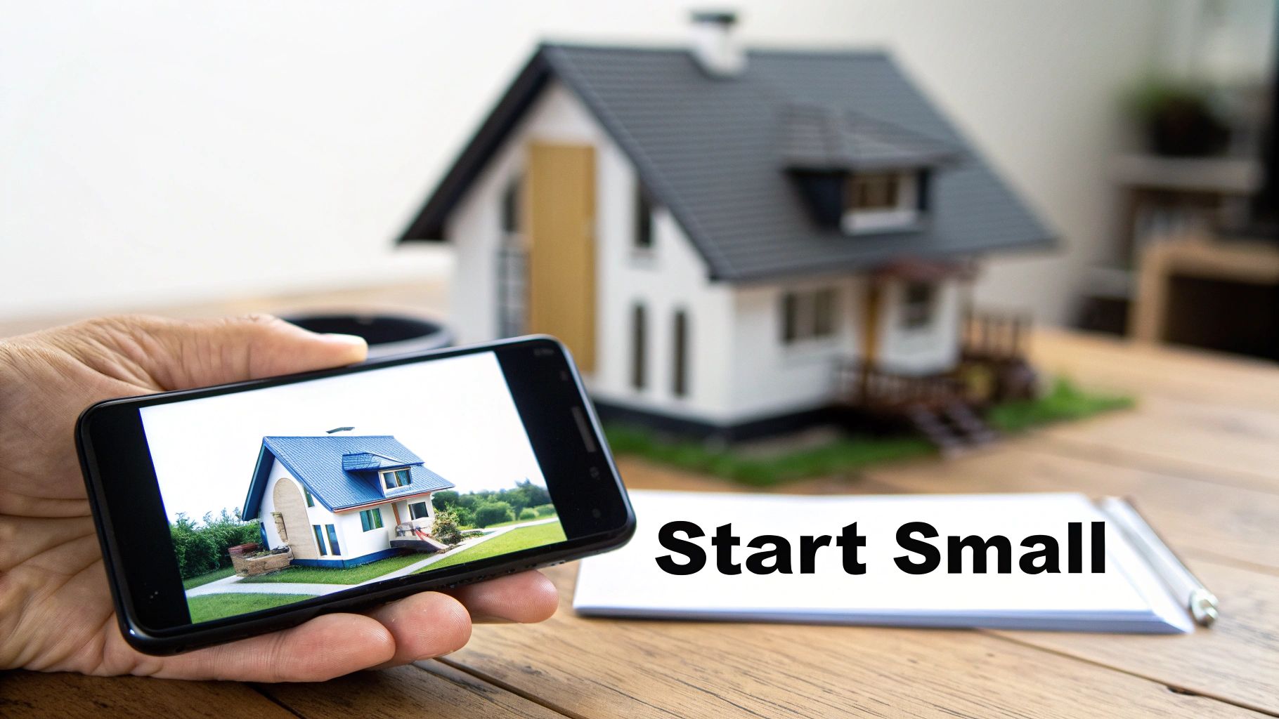 A hand holds a smartphone displaying a small house, with a larger model house and 'Start Small' text on a wooden table.
