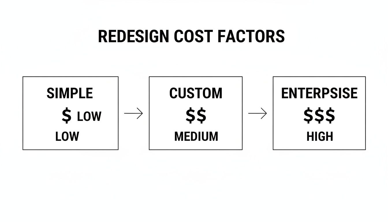 A diagram illustrating website redesign cost factors from Simple (low) to Custom (medium) to Enterprise (high).