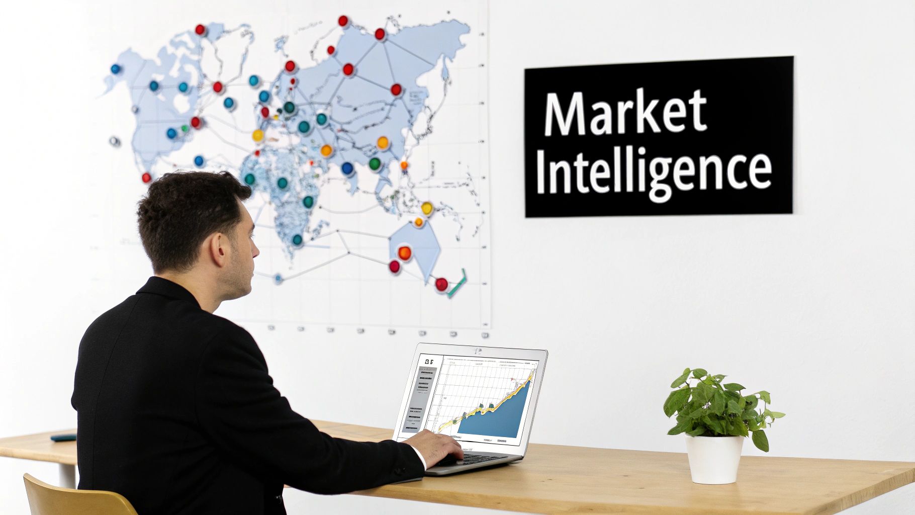 Businessman reviewing market data on laptop and world map, focusing on market intelligence.