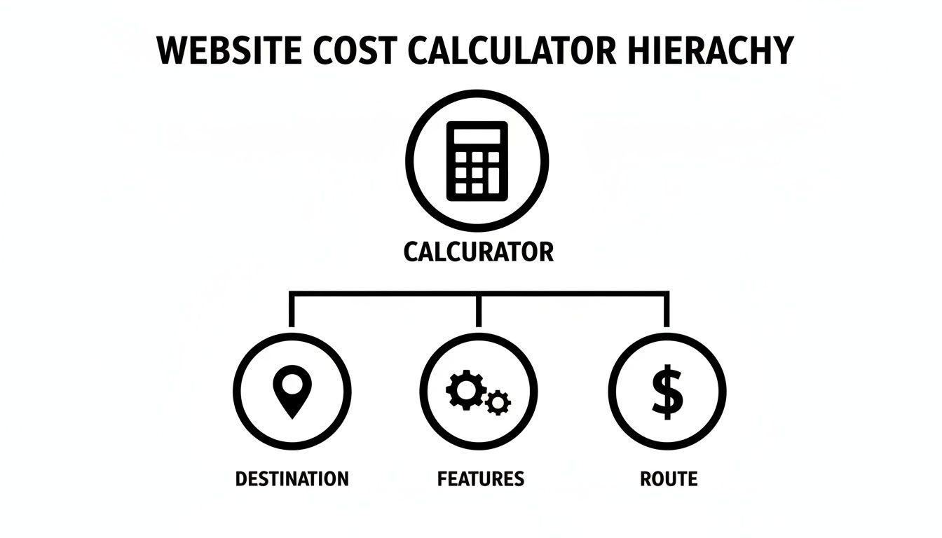 A hierarchical diagram illustrating a website cost calculator, showing categories for destination, features, and route.