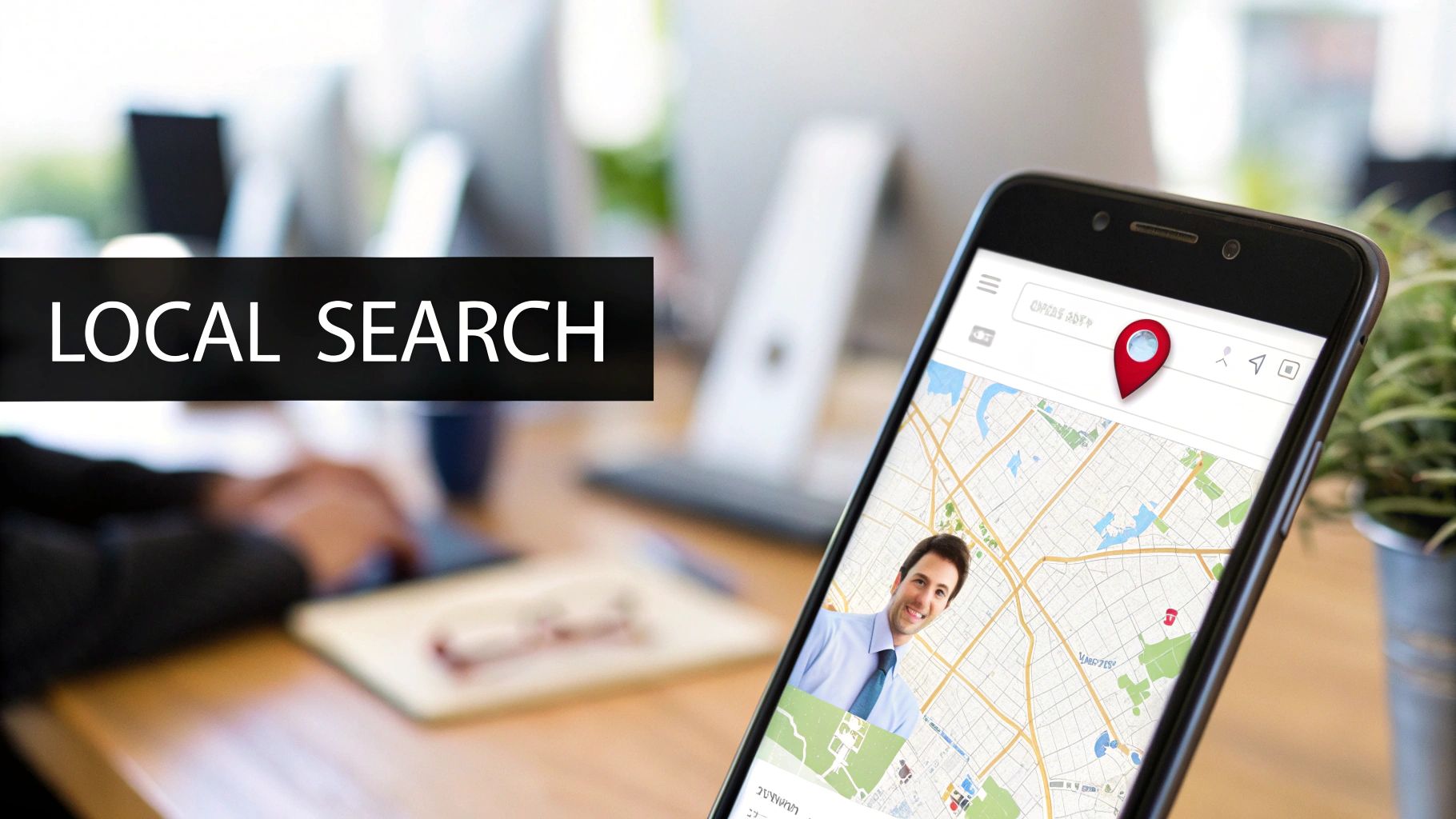 A smartphone displaying a map with a location pin and a smiling man, with 'LOCAL SEARCH' text.