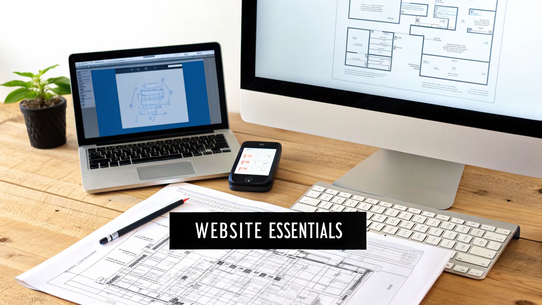 A modern workspace featuring computers, a smartphone, and design plans, ideal for web design.