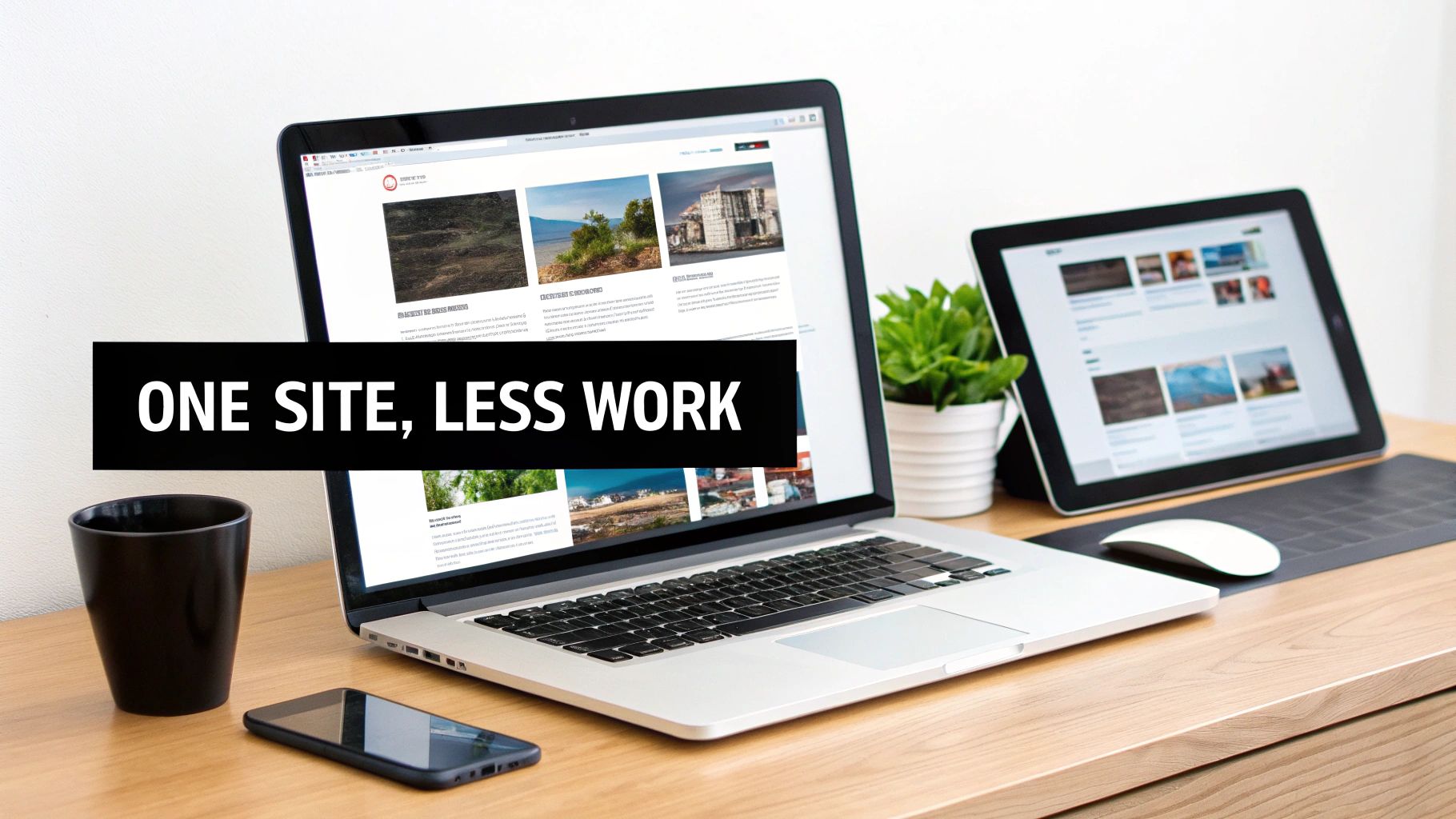 Laptop, tablet, and smartphone on a wooden desk displaying a website, with a 'ONE SITE, LESS WORK' banner.