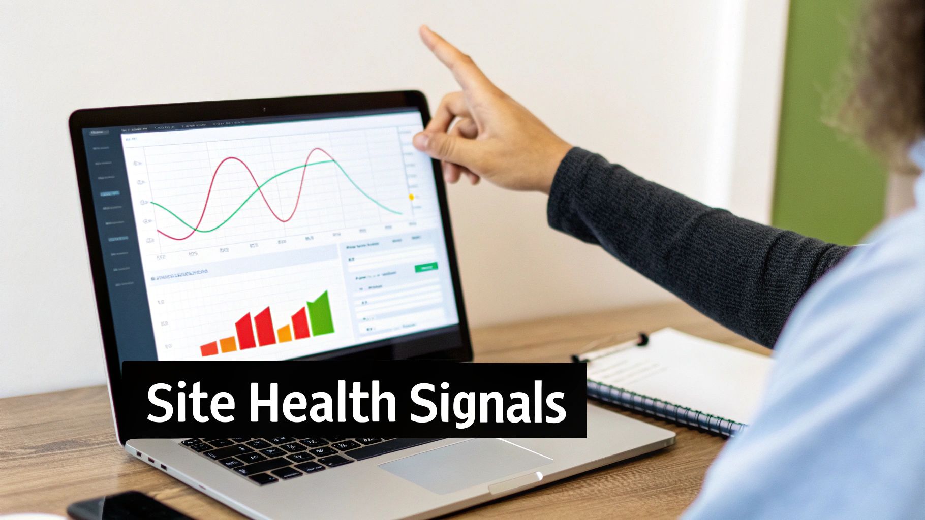 A person points at a laptop displaying website performance graphs and charts, showing site health signals.