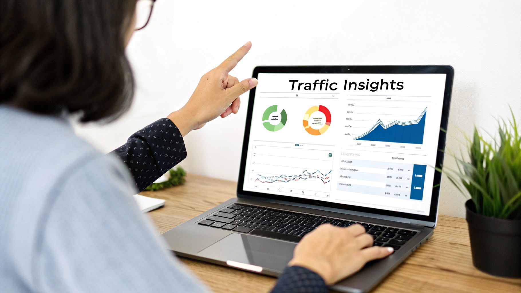 A person points at a laptop displaying 'Traffic Insights' with data charts and graphs.