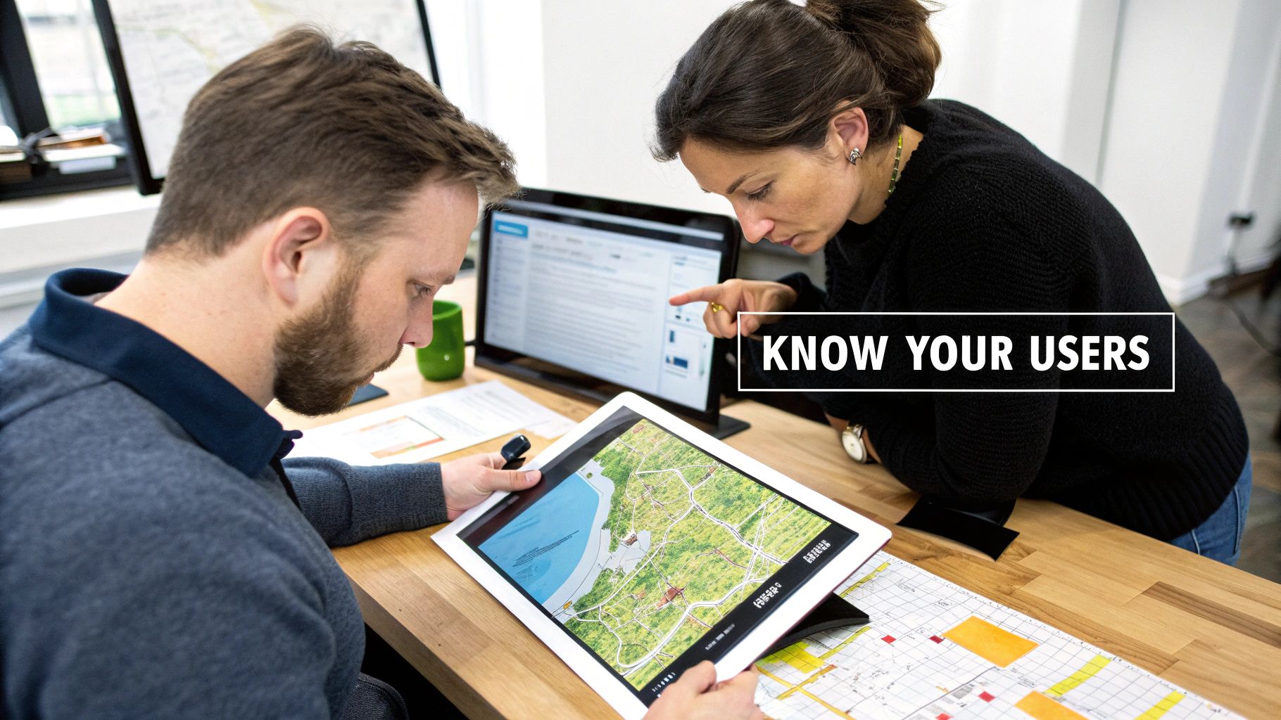 Two colleagues collaborate, examining maps on a tablet and computer screen, discussing user experience.