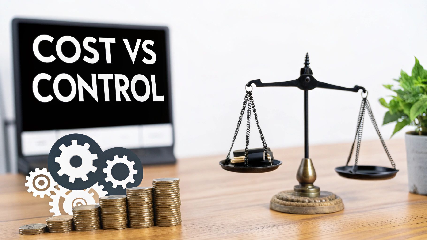 A laptop screen displaying 'COST VS CONTROL' next to a balance scale and stacks of coins.