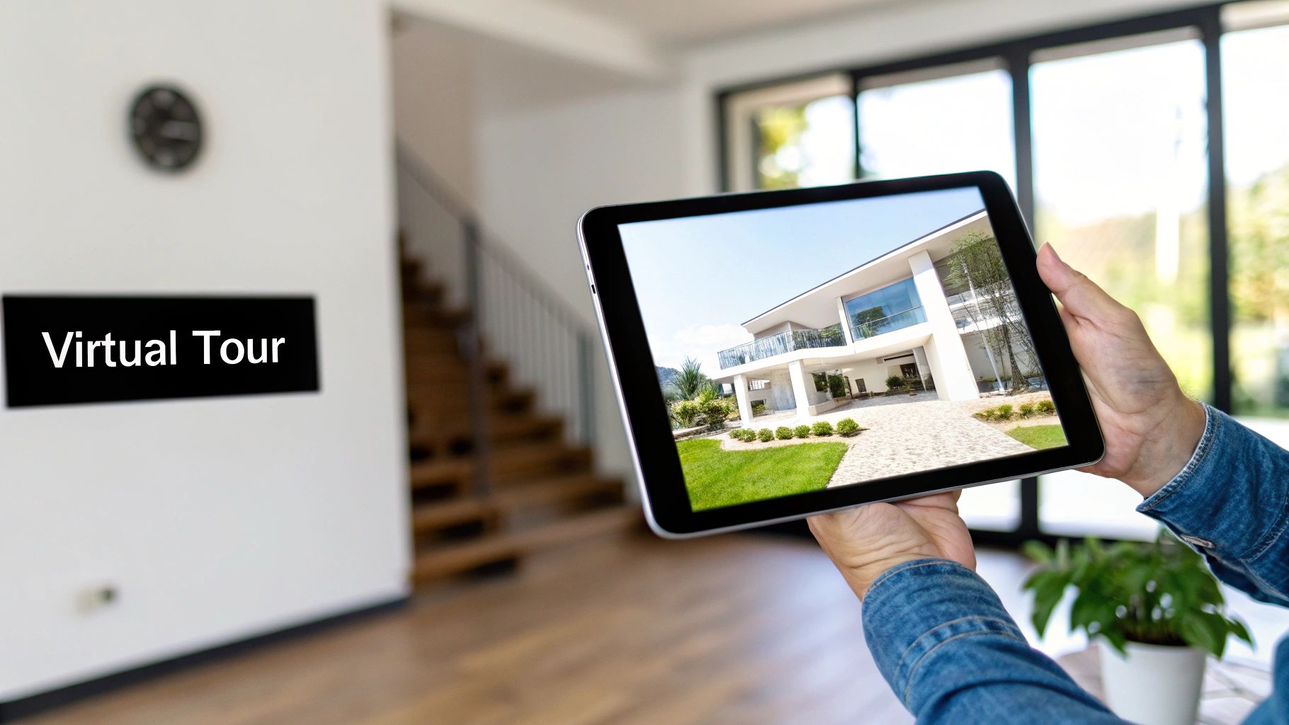 Hands holding a tablet displaying a modern house with a green lawn, with a 'Virtual Tour' sign on a wall in a home interior.