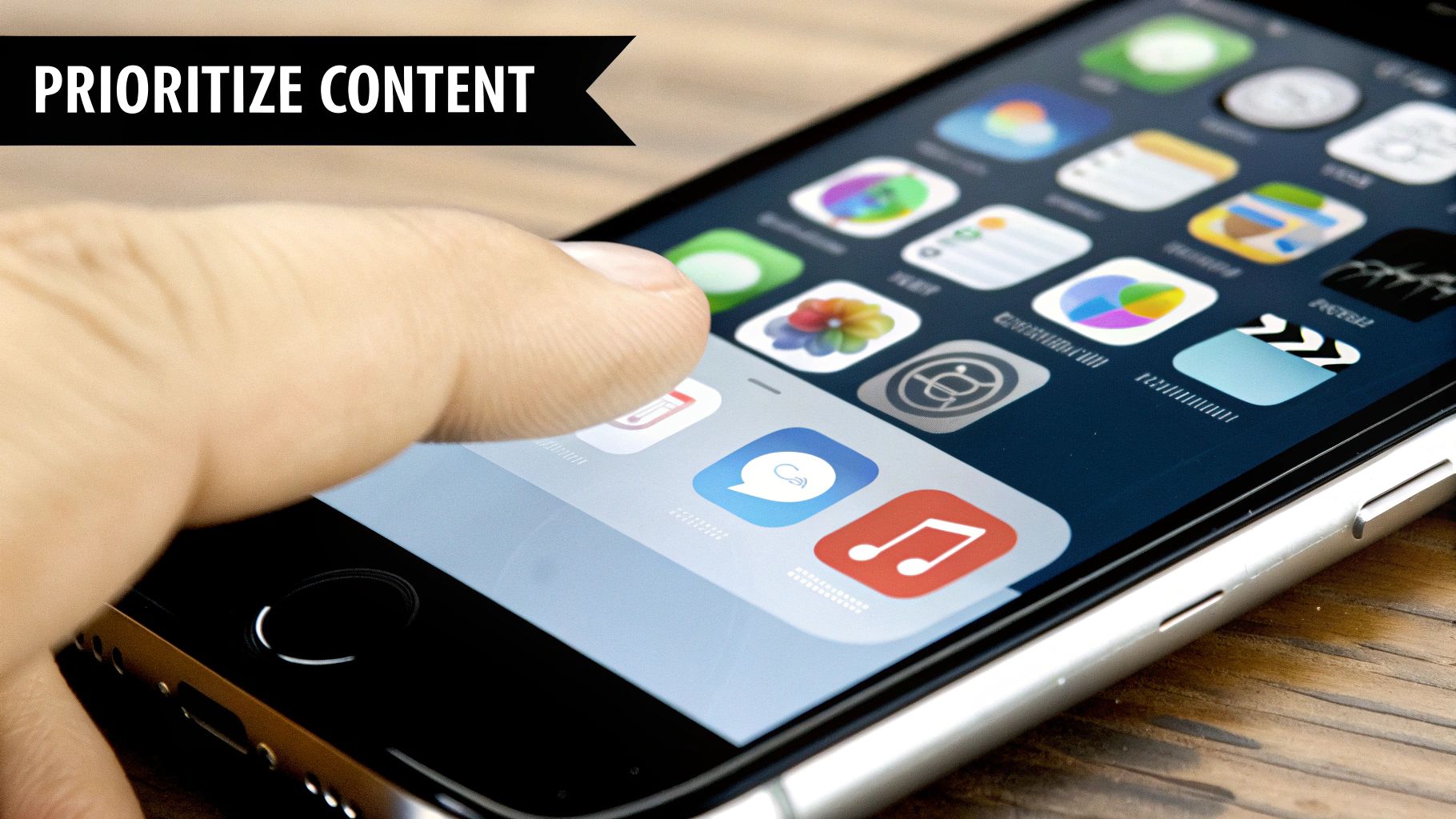 A finger tapping on a smartphone screen showing app icons with 'PRIORITIZE CONTENT' text.