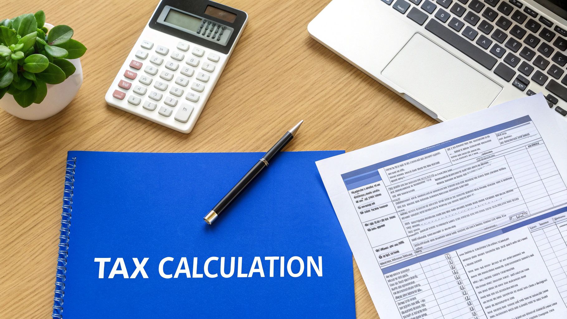 Overhead shot of a desk with tax calculation notebook, calculator, laptop, and financial documents.