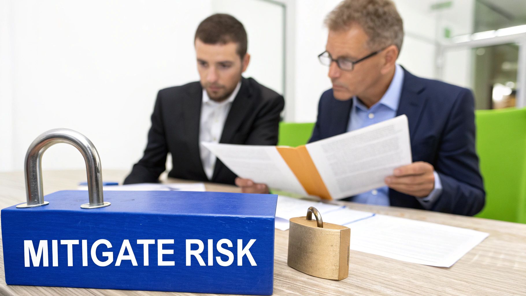 Two businessmen discuss documents, with a 'MITIGATE RISK' sign and padlocks in the foreground.