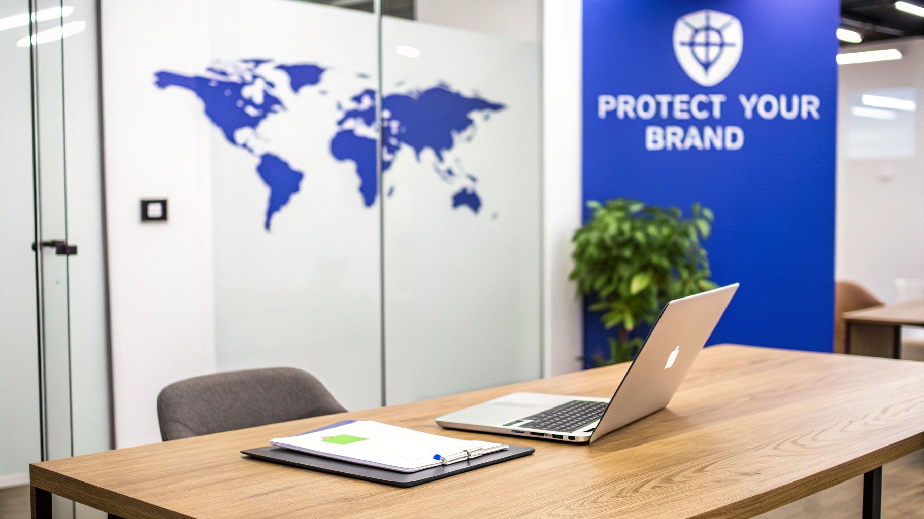 An office workspace featuring a laptop, documents, and a blue wall with a 'Protect Your Brand' sign.