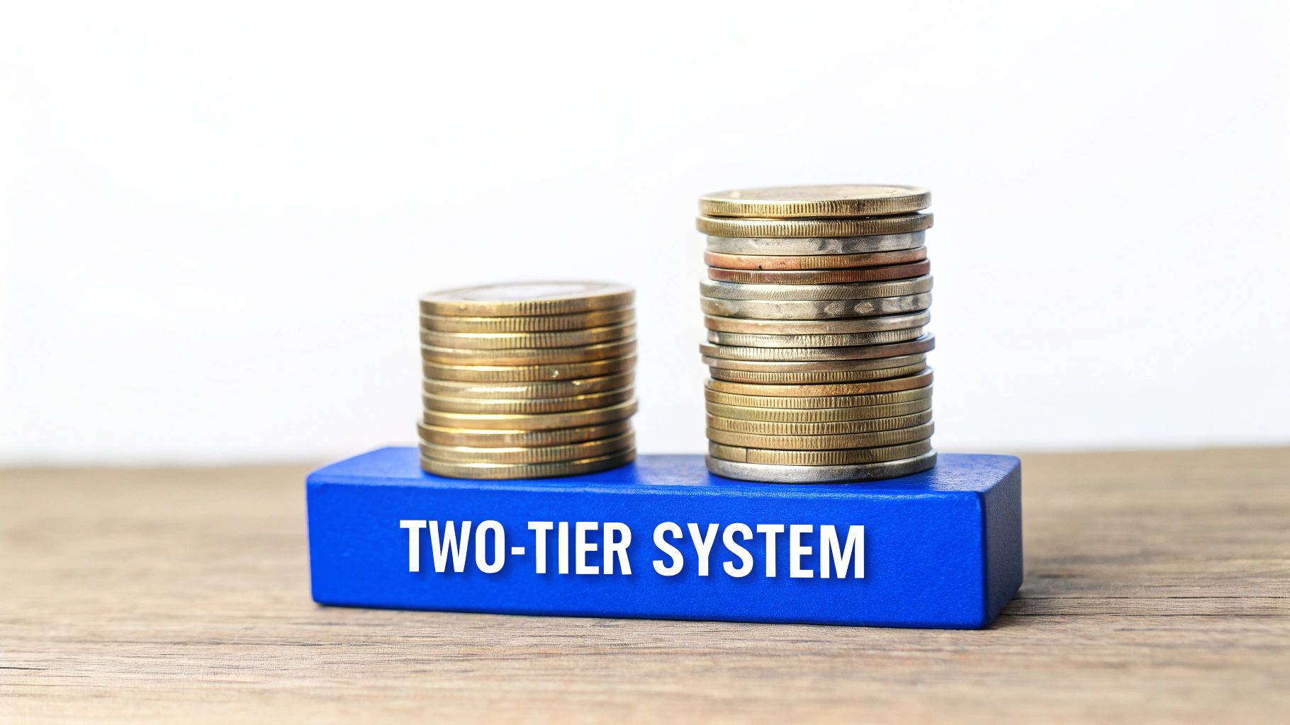 Two stacks of coins on a blue block with 'TWO-TIER SYSTEM' text, representing financial disparity.