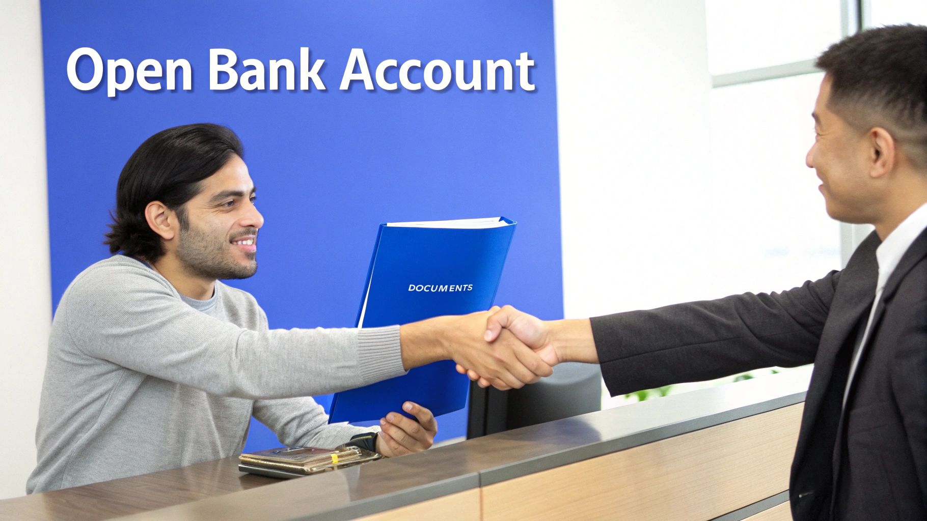 Two men shaking hands across a counter, one holding documents, in front of an 'Open Bank Account' sign.