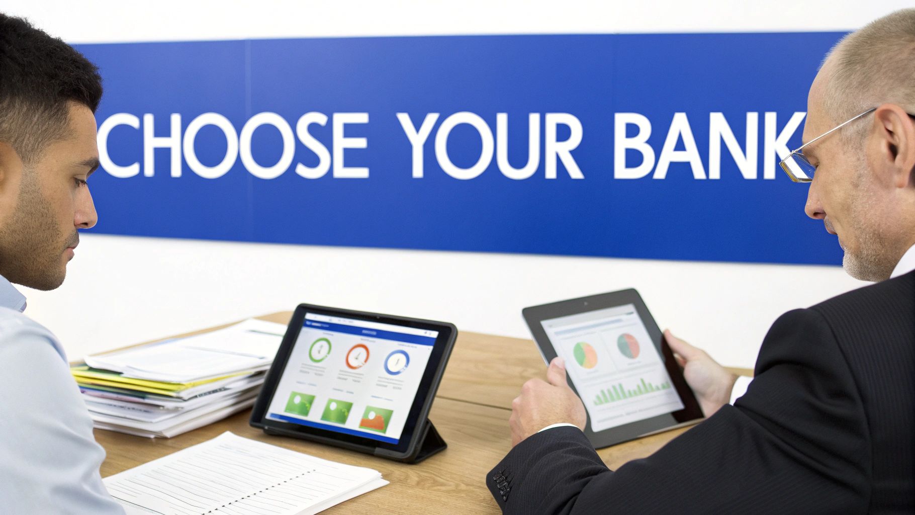 Two men in a bank, one a customer and one an employee, reviewing financial data on tablets.