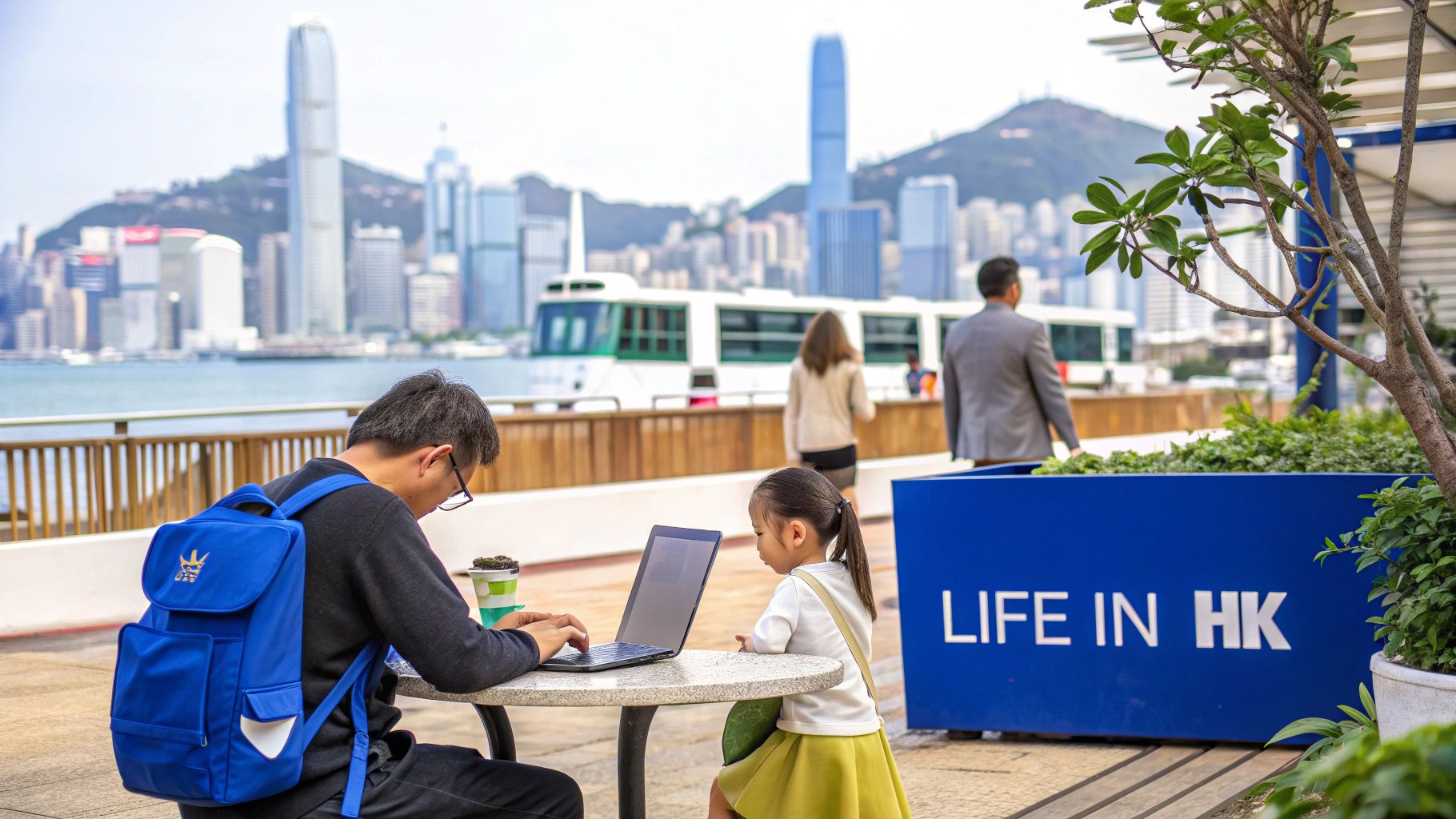 A man and child using a laptop outdoors with the Hong Kong skyline and harbor.
