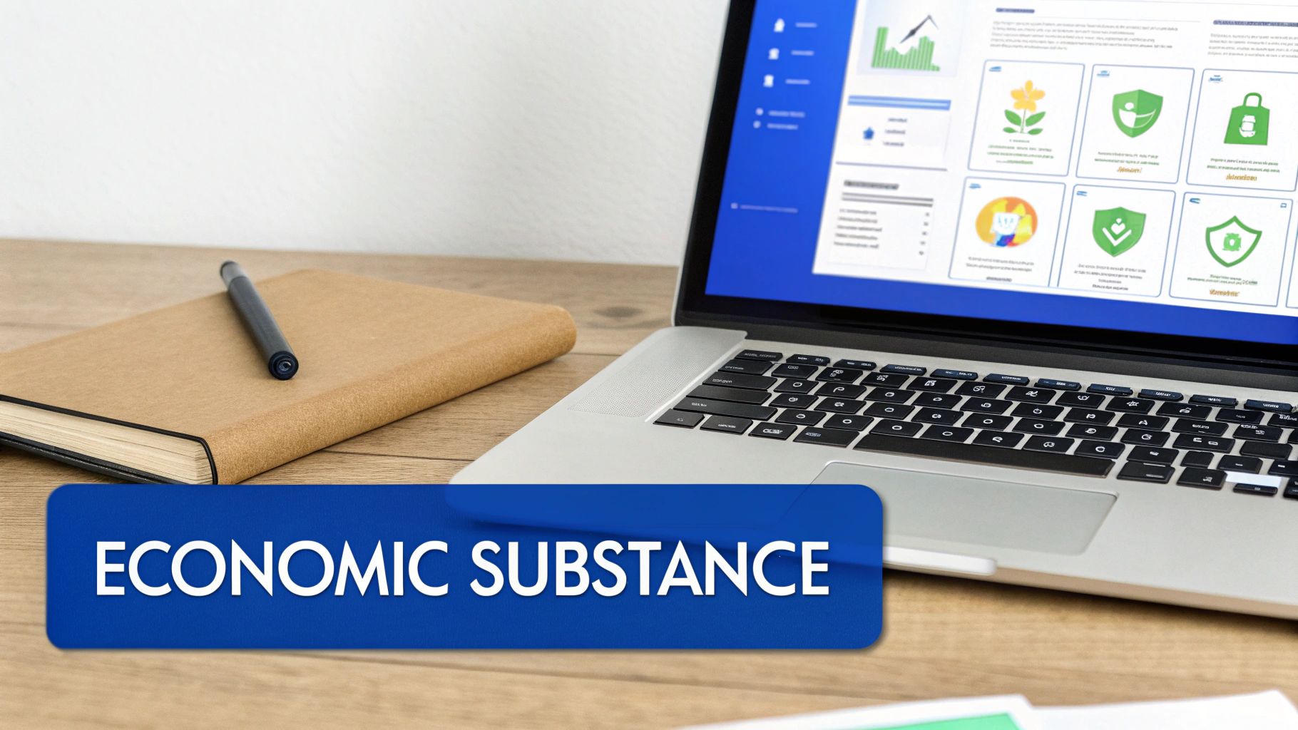 A desk with a laptop showing a business dashboard, a notebook, and a pen, with 'ECONOMIC SUBSTANCE' text.