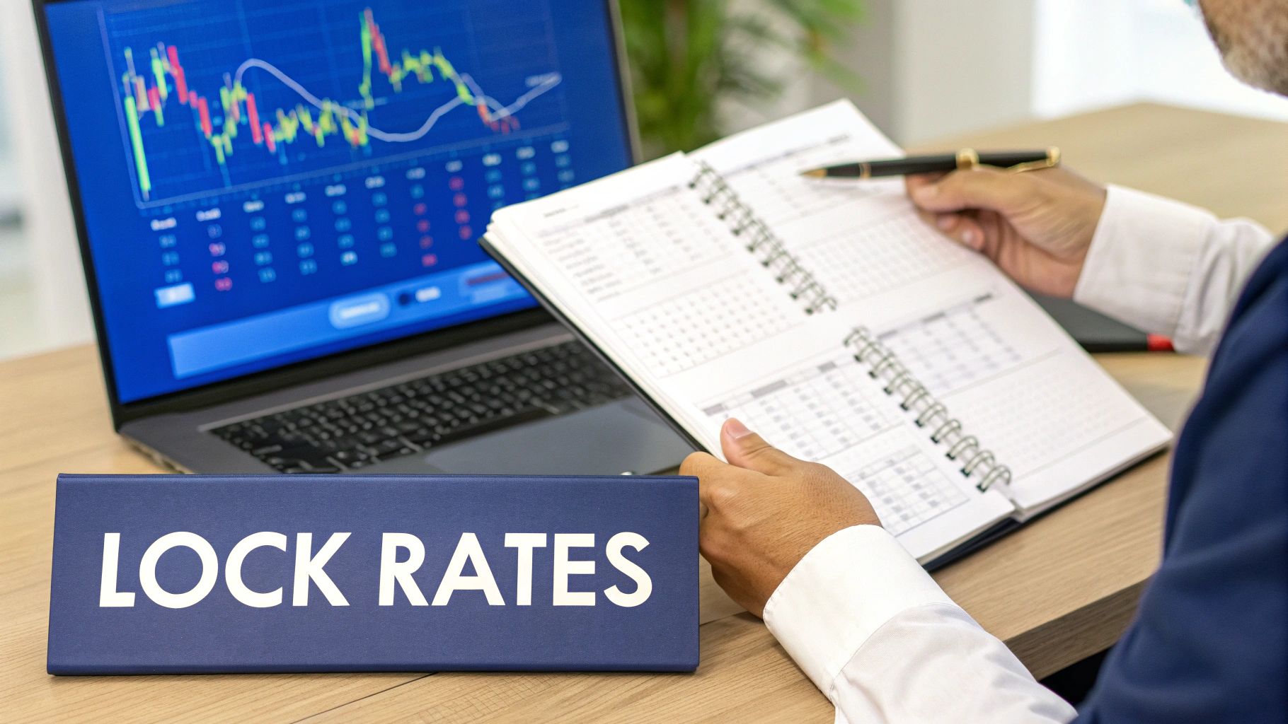 Businessperson analyzing financial charts on a screen
