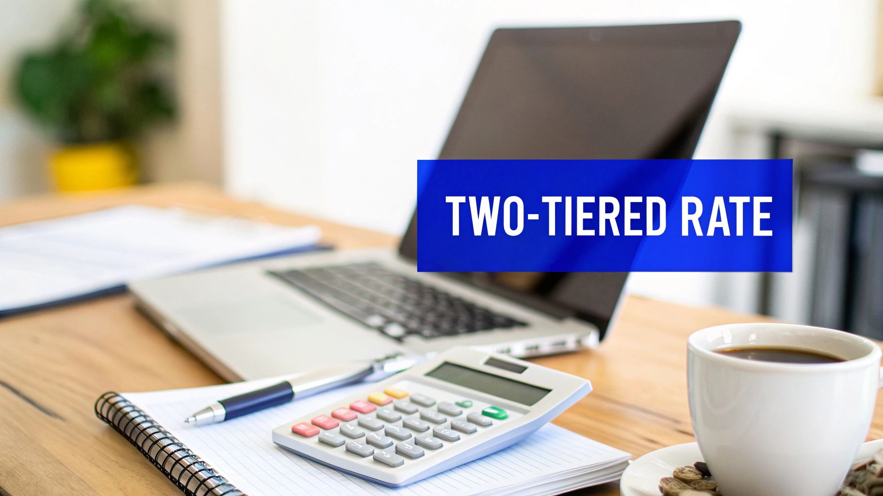 A desk with a laptop, calculator, notepad, pen, and coffee, featuring 'TWO-TIERED RATE' text.
