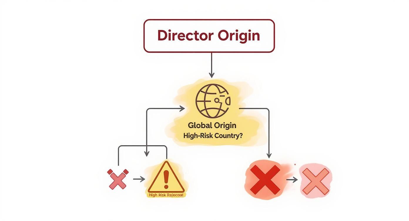 Infographic decision tree showing how a director's origin in a high-risk country can lead to a bank account application rejection.