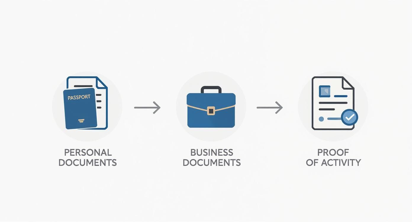 Infographic showing the process flow for documentation preparation, with icons for personal documents, business documents, and proof of activity.